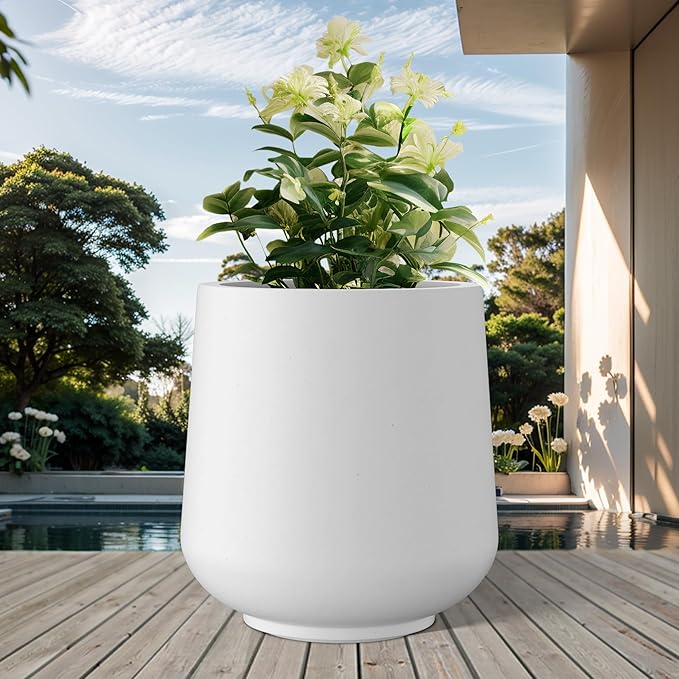 Kante 15.3" Dia Round Concrete Planter, Outdoor Indoor Large Plant Pots Containers with Drainage Hole and Rubber Plug for Home Garden Patio, Snow White Kante
