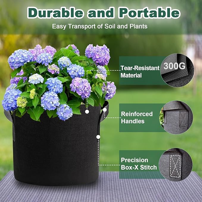 5 Pack 5 Gallon Grow Bags, Thickened Aeration Nonwoven Fabric Plant Pots with Handles, Heavy Duty 300G Garden Planting Bag for Tomato, Potato, Strawberry, Vegetable, Fruits and Flowers Rootora