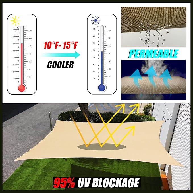 Royal Shade 20' x 20' x 20' Beige Triangle Sun Shade Sail Canopy Outdoor Patio Fabric Screen Awning RTAPT20 - UPF50+ 95% UV Blockage, Heavy Duty, Water & Air Permeable (We Make Custom Size) RoyalShade