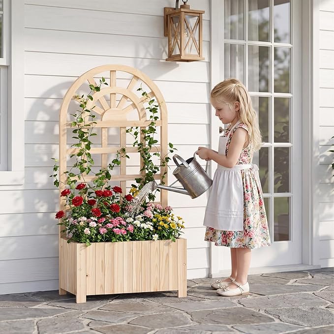 Giantex Wooden Raised Garden Bed with Arched Trellis Set 2, 48” Fir Wood Outdoor Elevated Planter Box Privacy Screen w/Drainage Hole, Vertical Garden Bed for Climbing Plants, Patio Balcony Backyard Giantex