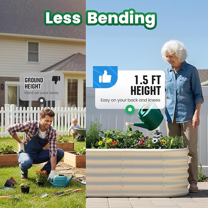 Quictent Galvanized Raised Garden Bed Kit Tall, 6x3x1.5 ft Oval Large Planting Box Strengthened by Crossbar, for Vegetables Outdoor, Beige QUICTENT