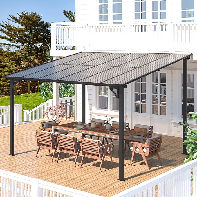 AECOJOY 10' x 24' Gazebo for Patio, Large Wall-Mounted Hard Top Lean-to Gazebo Pergola with Roof 24' x 10' on Clearance, Heavy Duty Patio Awnings for Decks, Backyard AECOJOY