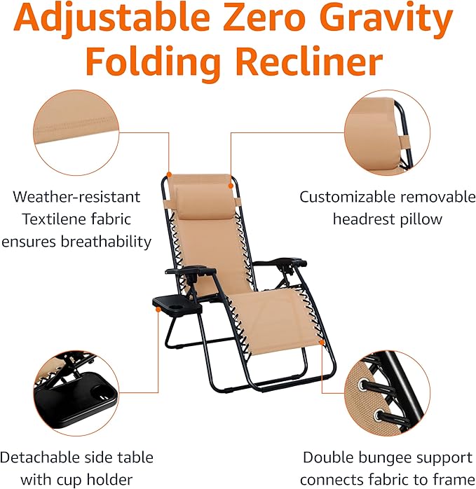 Amazon Basics Outdoor Textilene Adjustable Zero Gravity Folding Reclining Lounge Chair Set with Cup Holder, Side Table, Headrest, Weather-Resistant, 35 x 26 x 43 inches, Beige, 2-Pack AmazonBasics