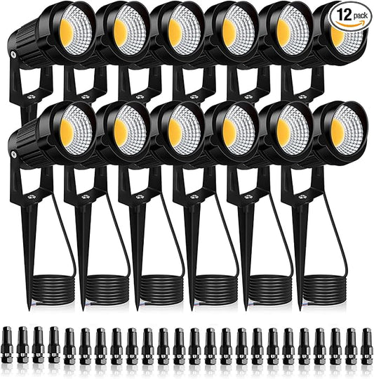 12W LED Landscape Lights Low Voltage, 3000K Warm White 12V AC/DC Waterproof Outdoor Spotlights, IP65 Garden Pathway Lights with 12 Spike Stands for Tree Garden Yard Pathway (12 Pack) Rootora