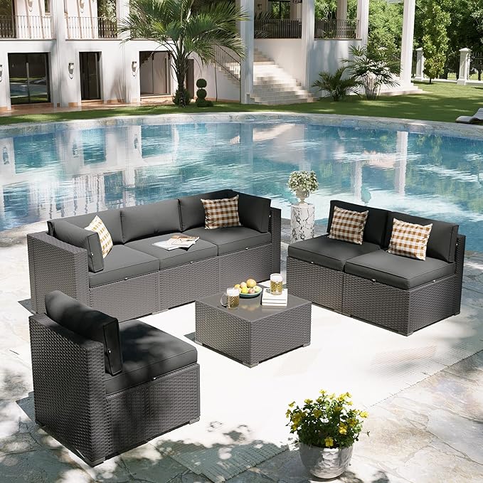 Aoxun Patio Furniture Set, 7 Piece Outdoor Sectional Sofas with Waterproof Cover, Wicker Rattan Outdoor Furniture Patio Conversation Set for Backyard, Garden Dark Grey Aoxun