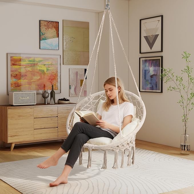 Macrame Hammock Hanging Swinging Chair with Medium Cushion, Perfect for Bedroom, Porch, Adults, Balcony, Beige KROFEM