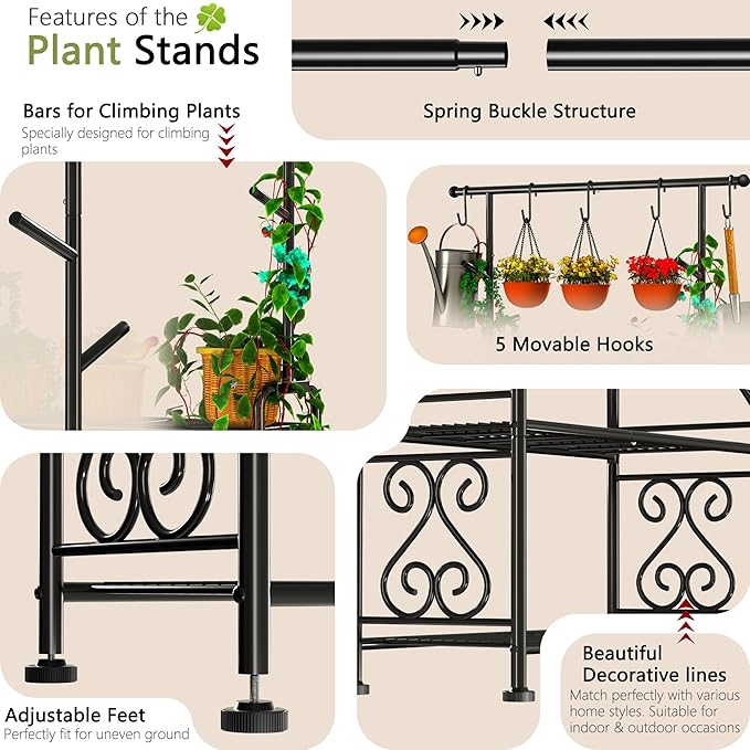 GIOTORENT Plant Stand Indoor Outdoor, 4-Tier Heavy Duty Metal Shelves, Display up to 17 Multiple Plants, Tall Plant Holder with Plant Hanger, Suit for Patio Living Room Garden Balcony, 5 Hooks, Black GIOTORENT