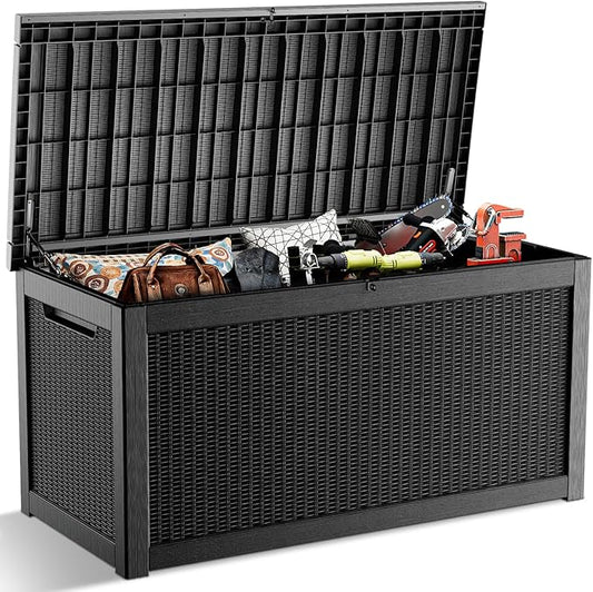 320 Gallon Outdoor Deck Box, Lockable Waterproof Outdoor Storage Boxes For Garden Tools,Indoor Cushions,Accessories Outside Storage Resin Weatherproof Container(Black) MAIUSCOLI