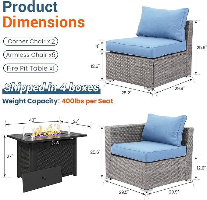Wisteria Lane Patio Furniture Set for All Wheather, 9 Pieces Wicker Outdoor Furniture Set with Washable Cushions & Fire Pit Table, Oversized Outdoor Sectional for Garden, Poolside, Backyard, Blue WisteriaLane