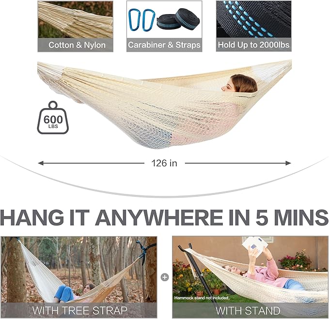 PNAEUT Handwoven Mayan Hammocks, Double Rope Hammock for Outdoor Outside & Indoor, Thick Soft 600 lbs Capacity Heavy-Duty, Includes Tree Straps, Carabiners & Carrying Bag (Nature, X-Large) PNAEUT
