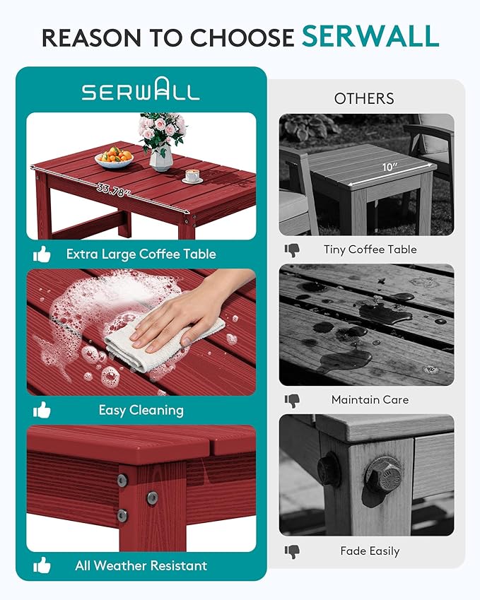 SERWALL Outdoor Coffee Table with 1.69" Umbrella Hole, HDPE Patio Coffee Table for Outside, Rectangle, Red SERWALL