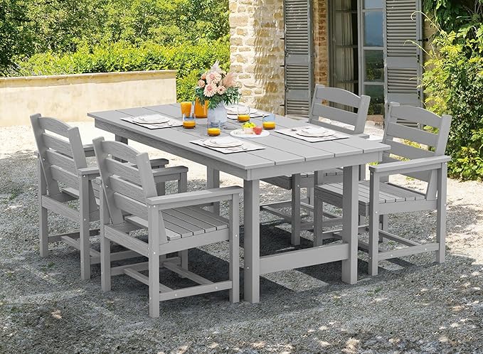 SERWALL 67" Outdoor Dining Table - HDPE All-Weather Rectangular Patio Table with Umbrella Hole, Light Gray SERWALL