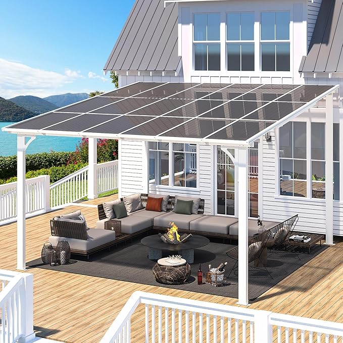AECOJOY 12' x 12' White Gazebo Outdoor Pergola for Patio, Large Wall-Mounted Hard Top Lean to Metal Gazebo Shelter Pergolas and Gazebos Clearance with Patio Roof, Heavy Duty Awnings for Patio AECOJOY