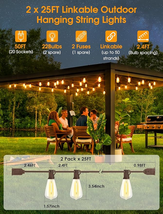 50FT(2x25FT) Outdoor String Lights, Patio Lights with 20+2 LED Dimmable Waterproof ST38 Vintage Shatterproof Bulb for Bistro Cafe Fence, Brown Larkvue