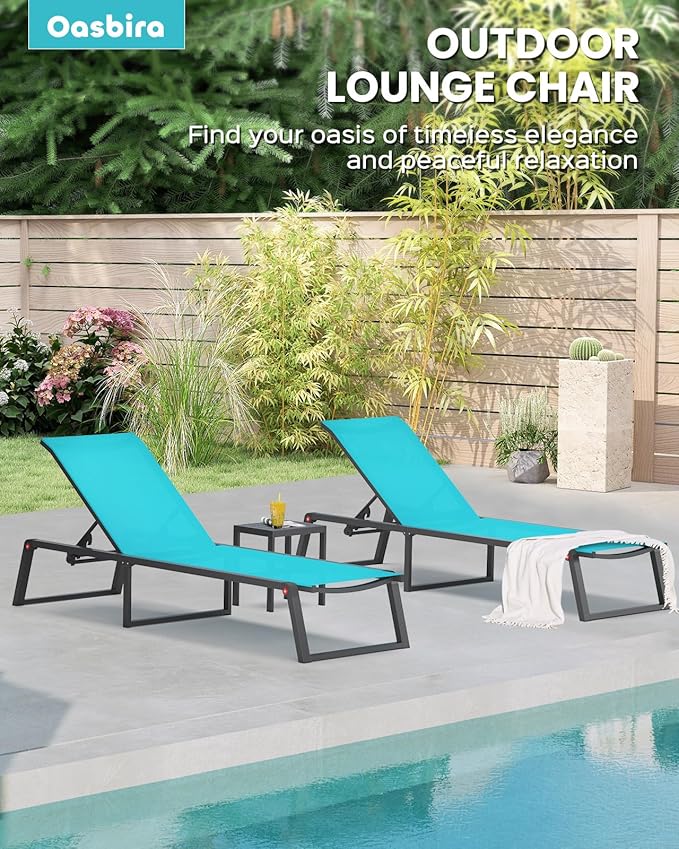 Aluminum Chaise Lounge Outdoor Set of 2, Foldable & Assembly Free Patio Pool Lounge Chairs 5-Position Recliner for Outside Poolside, Fully Grounded Legs Sun Lounger for Beach, Yard, Lake Blue Oasbira