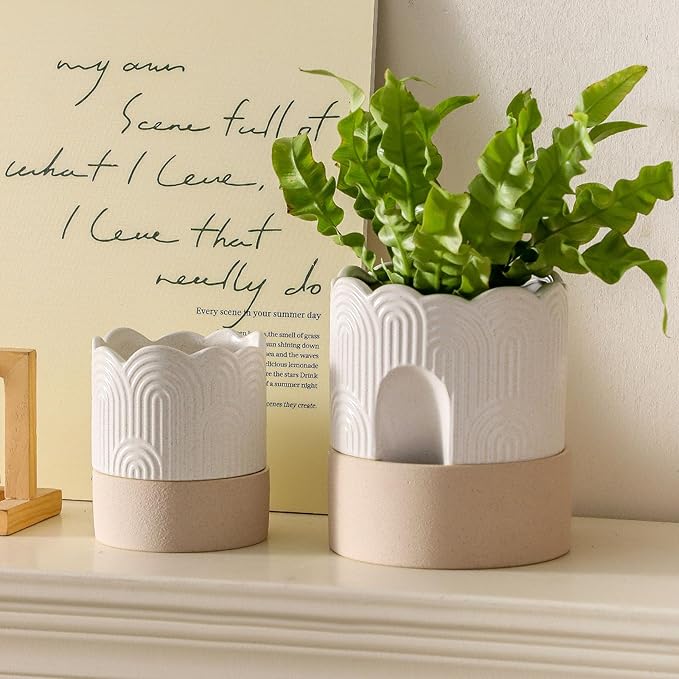 Nihow Self Watering Plant Pot: 4.5 Inch Ceramic Planter with Drainage Hole & Water Storage Plus for Indoor & Outdoor Plants - Cylinder Flower Pot for Herbs/Violets - Beige & Nature Nihow
