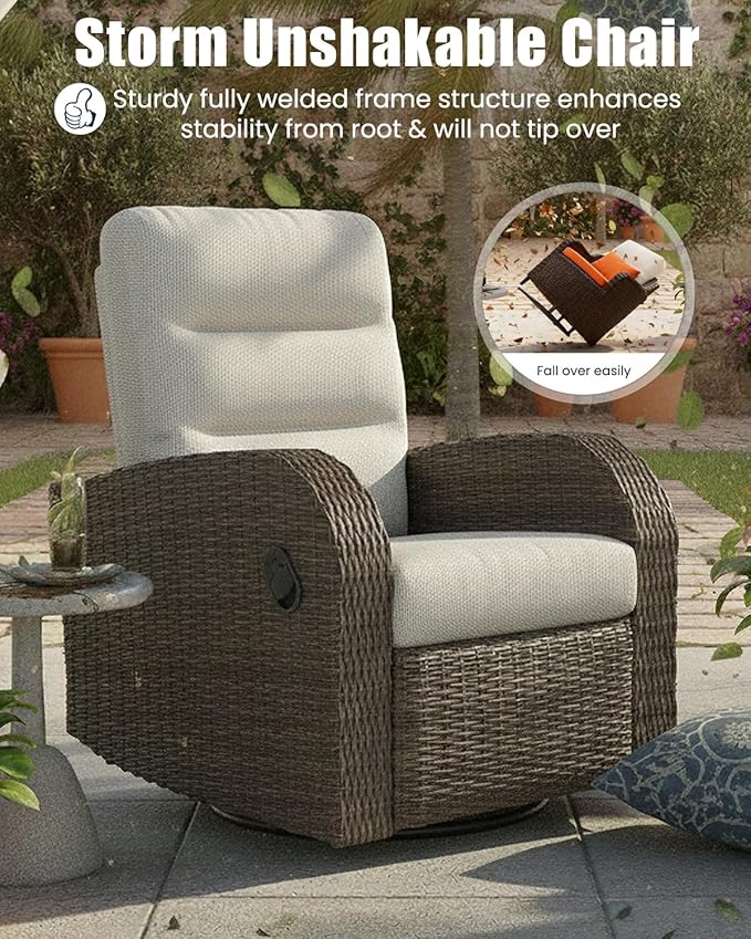 Outdoor Swivel Recliner Chair Set of 2, All-Weather Wicker Reclining Patio Chair with Adjustable Backrest and Footrest Vakollia