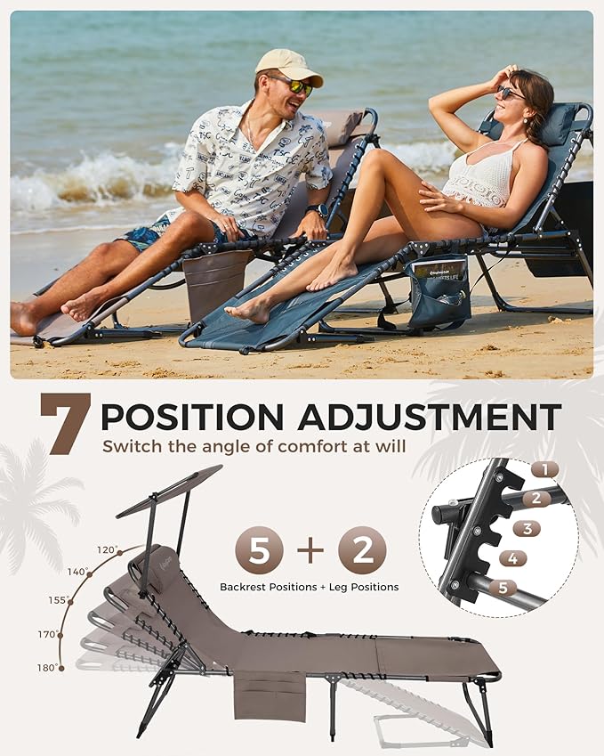KingCamp Tanning Chair with Face Hole, Lounge Chairs Outdoor Folding Comfy Adjustable 5-Position Foldable Chaise Chaser with Canopy Shade for Outside Beach Patio Sun Bathing, Beige KingCamp