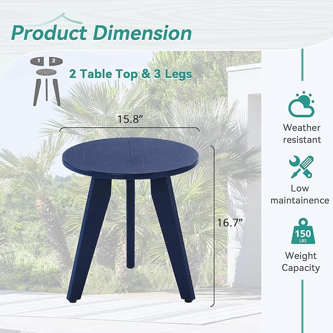 HDPS Outdoor Side Table, Small Round Side Table Weather-Resistant, Outdoor Side Tables for Patio, Porch, Deck, End Table for Plant Stand, Living Room, Bedroom, Navy HOMENJOY