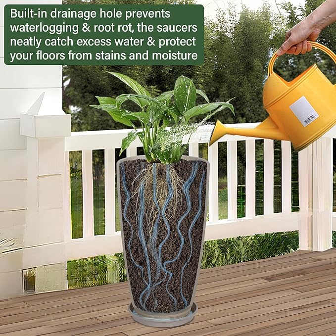 Set of 2 Tall Planter, 21 inch Large Plastic Planter with Drain Hole & Saucers, Large Outdoor Planters for Porch, Garden, Patio, Balcony(Oat Color) Neoaider