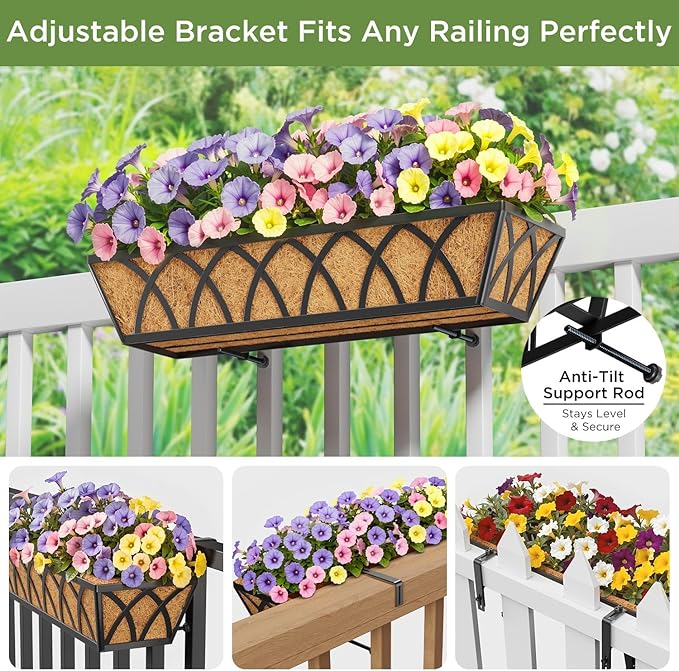 HFHOME 24 inch Window Deck Rail Planter with Coco Liner, 24" Dia Window Box Trough with Coconut Coir Liners, Black Metal Hanging Flower Planter Basket for Indoor Outdoor Lawn - Set of 4 HFHOME
