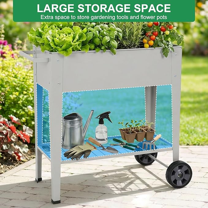 Elevated 32" Tall Raised Garden Bed with Legs and Wheels for Mobility, Metal Planter Boxes Outdoor with Shelf, Raised Bed for Gardening Vegetables/Herbs, Backyard, Patio, Balcony, Grey BIRDSINYARD