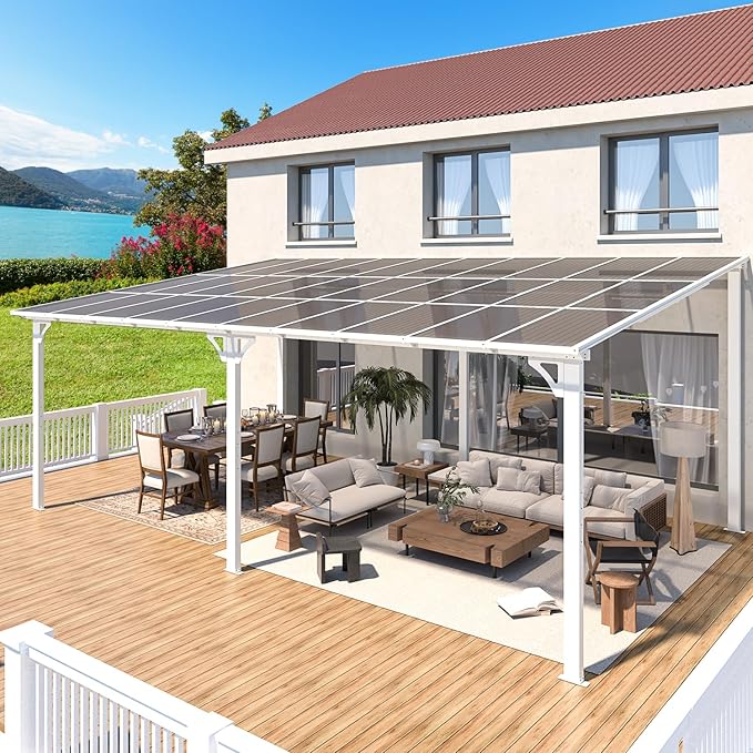 AECOJOY 20' x 12' White Gazebo Pergola, 12x20 Large Wall Mounted Lean to Pergolas and Gazebos on Clearance with Patio Roof, Outdoor Patio Metal Awnings for Decks, Porch, Backyard AECOJOY