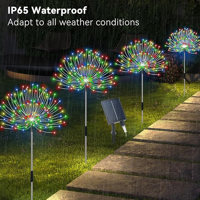 Solar Garden Lights Outdoor Waterproof, 4 Pack Total 480 LED Solar Starburst Sparkler Lights Decorative with 8 Lighting Modes Outside for Flowerbed Pathway Party Christmas Decoration, Multicolor Slyuexu