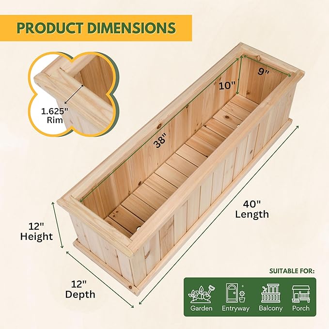 Shine Company Premium Cedar Raised Garden Bed, Planter Box for Vegetables, Flowers, or Herbs 40" L x 12" D x 12" H ShineCompany
