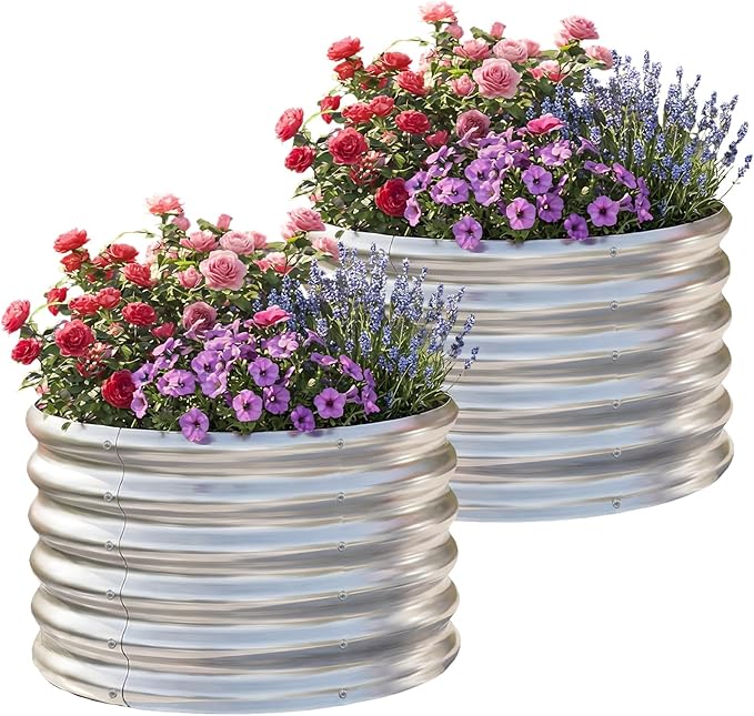 AHEONLAR 2 Pack 2x2x1.5ft Round Galvanized Raised Garden Bed Outdoor Metal Planter Box for Vegetables Steel Raised Beds for Gardening Silver AHEONLAR