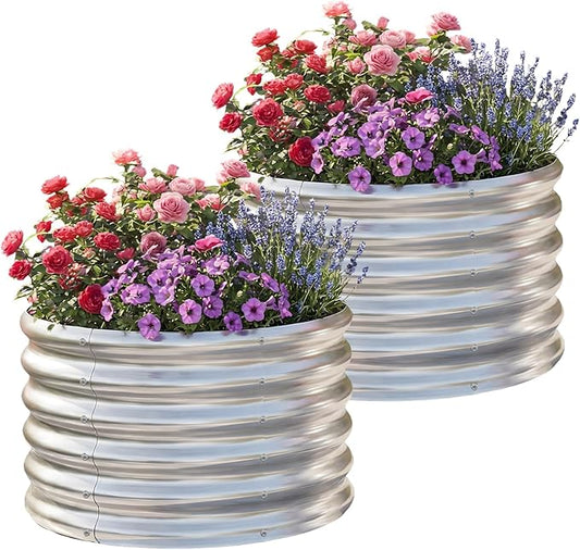 AHEONLAR 2 Pack 2x2x1.5ft Round Galvanized Raised Garden Bed Outdoor Metal Planter Box for Vegetables Steel Raised Beds for Gardening Silver AHEONLAR