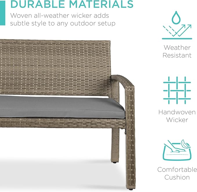 Best Choice Products Outdoor Bench 2-Person Wicker Garden Patio Benches Seating Furniture for Backyard, Porch w/Seat Cushion, 700lb Capacity - Cement Gray/Taupe BestChoiceProducts