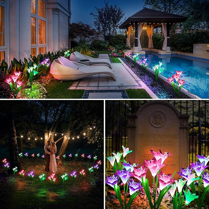 KOOPER Outdoor Solar Lights, 6 Pack Solar Garden Light with Bigger Lily Flowers, Waterproof 7 Color Changing Solar Lights Outdoor - Bigger Panel for Patio Yard Garden Decoration, Gift for Mom KOOPER