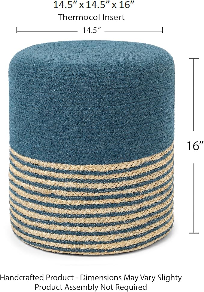 REDEARTH · Cylindrical Pouf Foot Stool Ottoman - Jute Braided Pouffe Poof Accent Sitting Footrest for Living Room, Bedroom, Nursery, Patio, Lounge & Other Rooms (Teal Natural, 14.5"X14.5"X16") REDEARTH