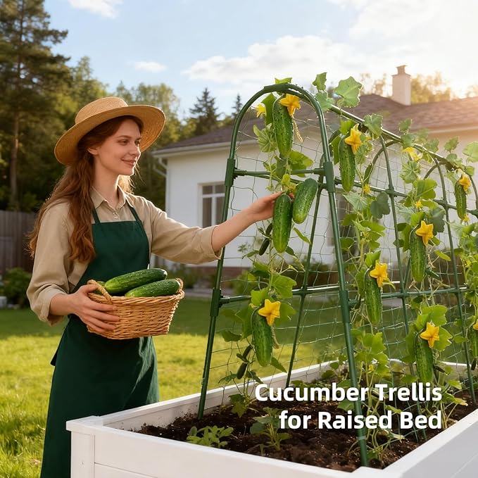 Cucumber Trellis for Raised Bed, U-Shape Garden Arch Metal Support for Climbing Plants, Metal Arch Plant Support Vegetables Trellis, Plant Support for Vine(Green, 63 * 30 * 47inch(L*W*H)) Laodier