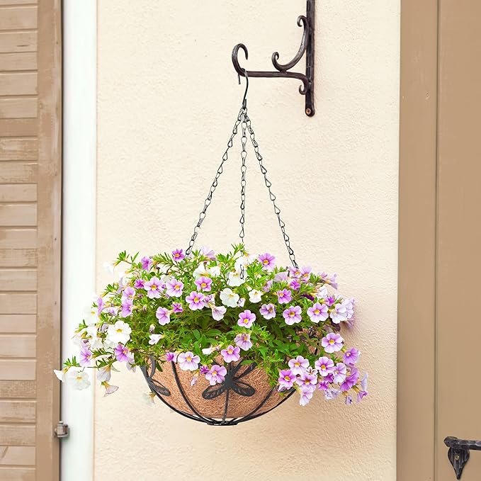 Hanging Baskets Planter for Plants, 2 Pack 10 Inch Round Metal Wire Hanging Flower Pots with Coco Coir Liner Chain, Plant Holder for Home Garden Balcony Decor ARVINKEY