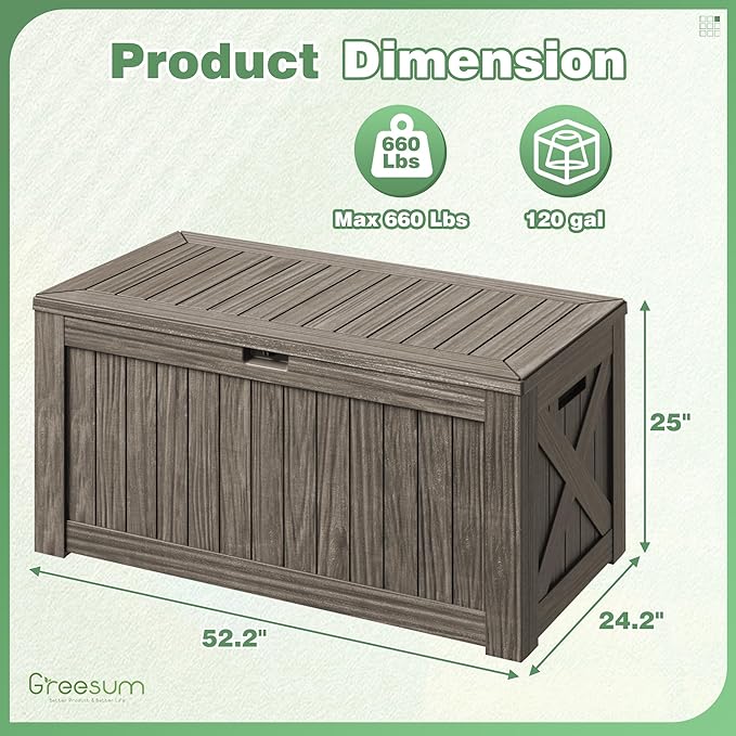 Greesum Outdoor Storage Box 120 Gallon Storage Bin with Lid for Patio Furniture, Garden Tools, Pool Supplies, Lockable, Waterproof and UV Resistant, Coffee BuynowfromGreesum