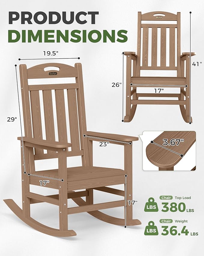 Oversized Rocking Chairs Outdoor Set of 2, High Back Porch Rocking Chair, HDPE All Weather Resistant Patio Chairs, 380lbs Weight Capacity, Teak Suunyn