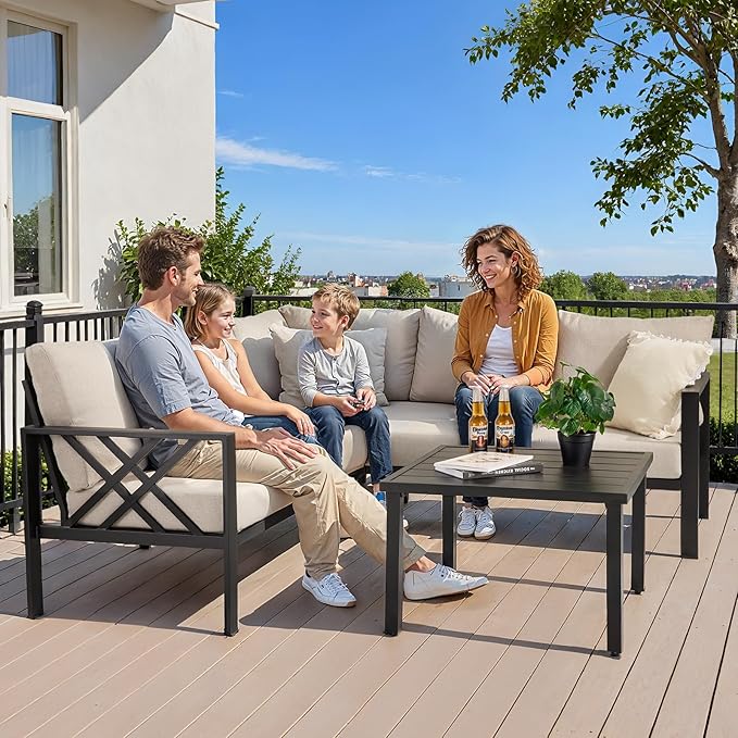 Patio Furniture Set, 6-piece Metal Sectional Furniture Sofa with Coffee Table, L Shaped Outdoor Couch with Olefin Cushion, Highback Frame, Outdoor Patio Conversation Sets for Balcony Backyard, Beige ONBRILL