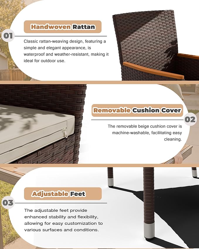 Flamaker 7 Piece Patio Dining Set Outdoor Acacia Wood Table and Chairs with Soft Cushions Wicker Patio Furniture for Deck, Backyard, Garden (Brown) Flamaker