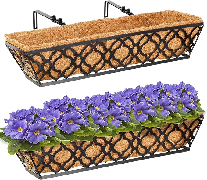 HFHOME 24 Inch Window Deck with Coco Liner, 24" Window Boxes Horse Trough with Coconut Coir Liner, Black Metal Hanging Flower Planter Basket Railing Planter for Outdoor Indoor Lawn - 2 Pack HFHOME