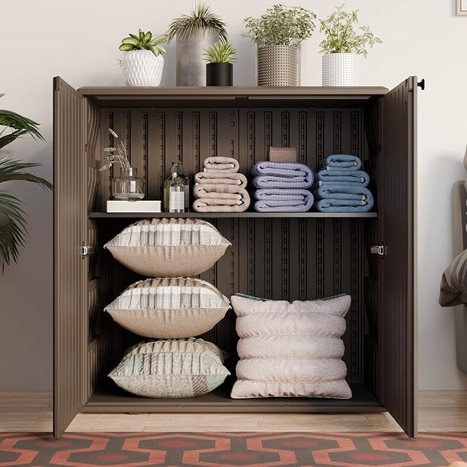 Indoor Outdoor Storage Cabinet Waterproof with 1 Shelf, Plastic Outdoor Storage Cabinets for Patio/Garden/Backyard, Size 34.3''L*15''W*36.2''H(Brown) Mrosaa
