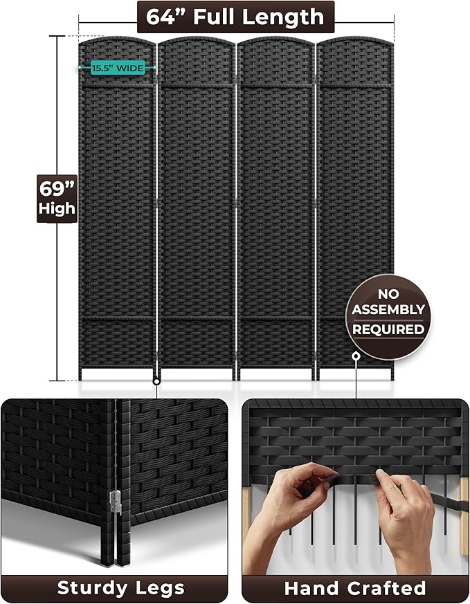 Sorbus 4 Panel Room Divider 6 ft. Tall - Privacy Screen, Extra Wide Double Hinged Panels, Mesh Hand-Woven Design, Partition Room Dividers and Folding Privacy Screens, Wall Divider for Room Separation Sorbus