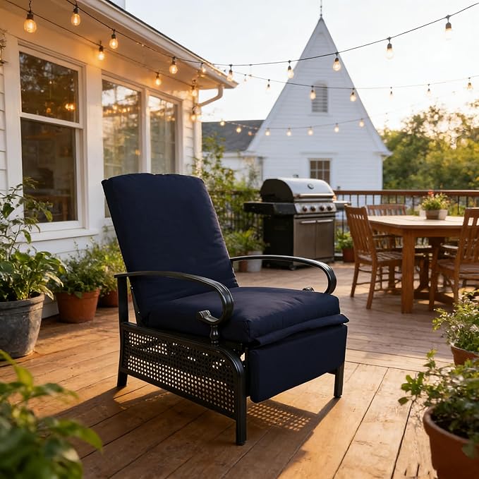 Kozyard Adjustable Outdoor Reclining Lounge Chair, Cushioned Patio Chaise Lounge with Extendable Metal Frame for Sunbathing, Reading & Relaxing – Comfortable Outdoor Recliner(Navy Blue) Kozyard