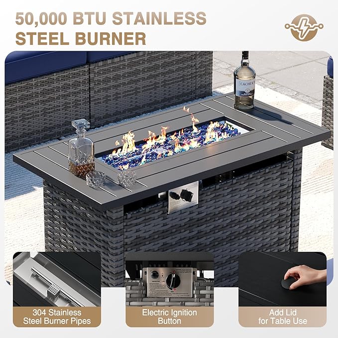 Aoxun Patio Furniture Sets, 8-Piece Outdoor Patio Furniture with 44'' Propane Gas Firepit Table, Wicker Outdoor Conversation Set Sectional Sofa for Backyard, Poolside, Garden Aoxun