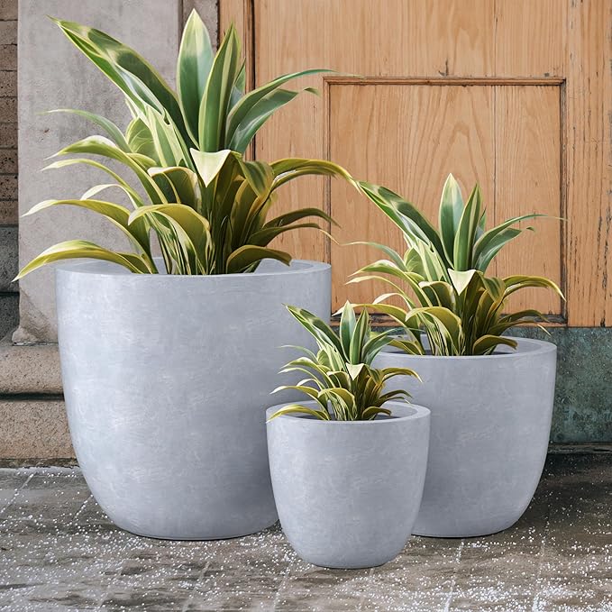 Kante 18",14",10" Dia Concrete Round Planters (Set of 3), Outdoor Indoor Large Planter Pots with Drainage Hole and Rubber Plug for Home Patio Garden, Slate Gray Kante