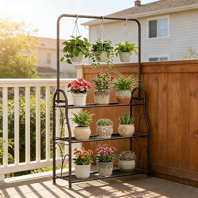 SORCEDAS Plant Stand Indoor Outdoor 3 Tier Tall Corner Hanging Shelf Metal Flower Stands Ladder Holder for Living Room Balcony Garden Patio Multiple Plants, Bronze SpecialYourHome
