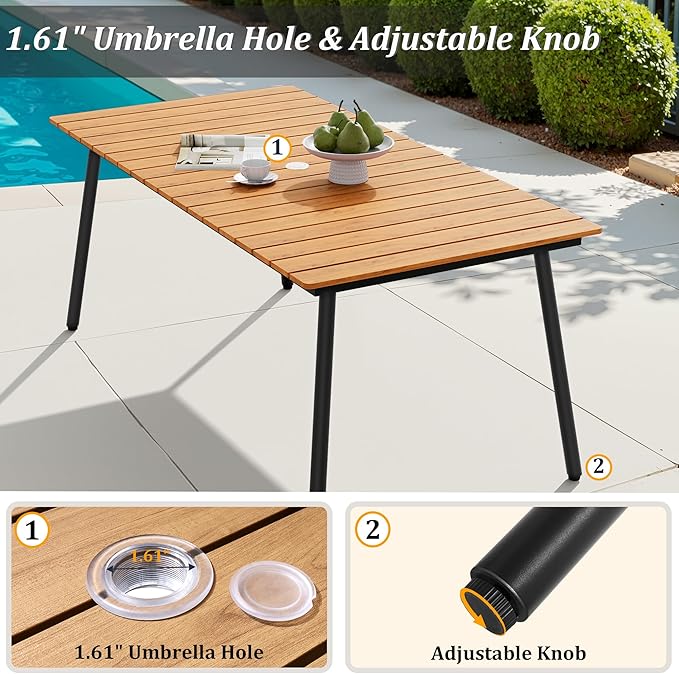 70" Patio Outdoor Dining Table for 4-6, Weather-Resistant Wood-Grain Top with Aluminum Frame & Umbrella Hole for Deck Gatherings, Brown VredHom