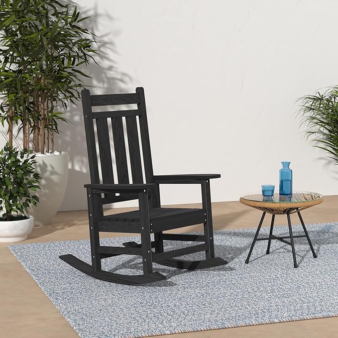 KINGYES Oversized Outdoor Rocking Chair, All-Weather Patio Rocking Chairs for Porch, HDPE Outdoor Patio Rockers with High Back & Wide Seat for Garden, Lawn, Black KINGYES
