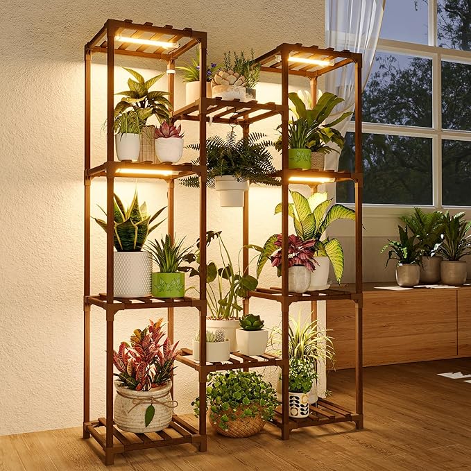 Bamworld Plant Stand with Grow Light Plant Shelf for Mutiple Pots Large Plant Holder for Living Room Patio Boho Home Decor for Gardening Warm Light Bamworld